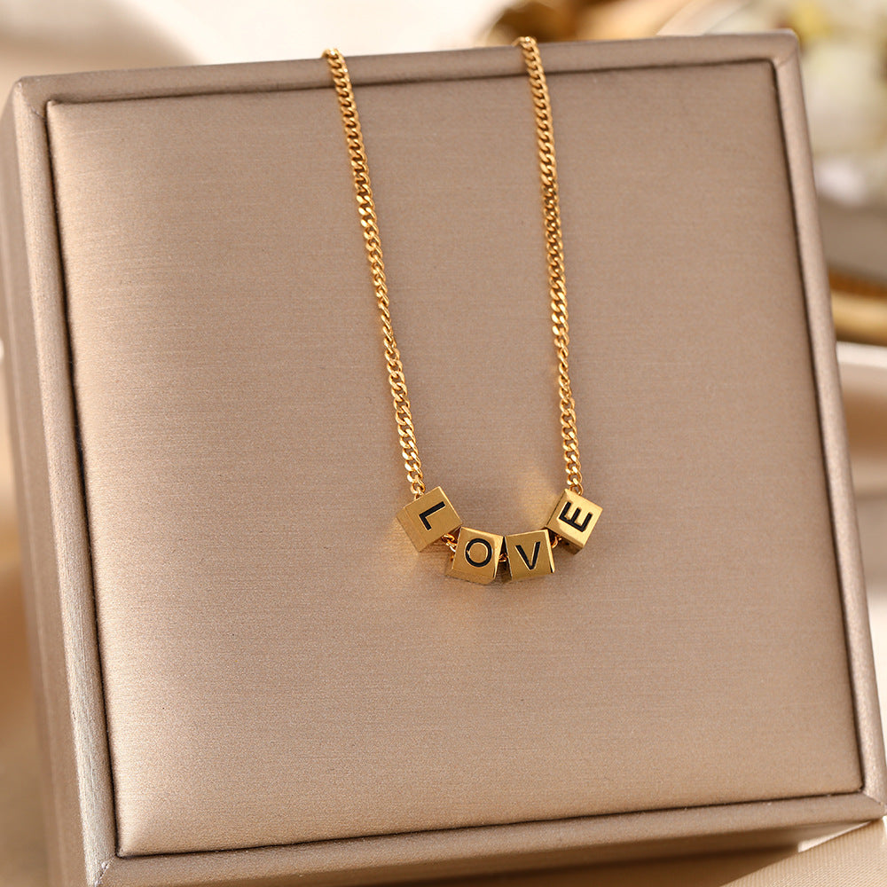 Personalized titanium steel necklace women's LOVE square dice letter pendant light luxury fashion collarbone chain jewelry wholesale