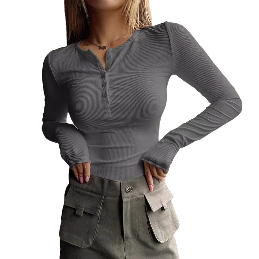 Autumn and winter women's new button ribbed slim knitted fir  T-shirts
