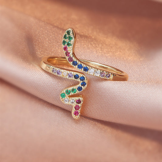 Light luxury design living mouth diamond set gemstone women's rings, temperament serpentine zir*****pening women's ring hand jewelry