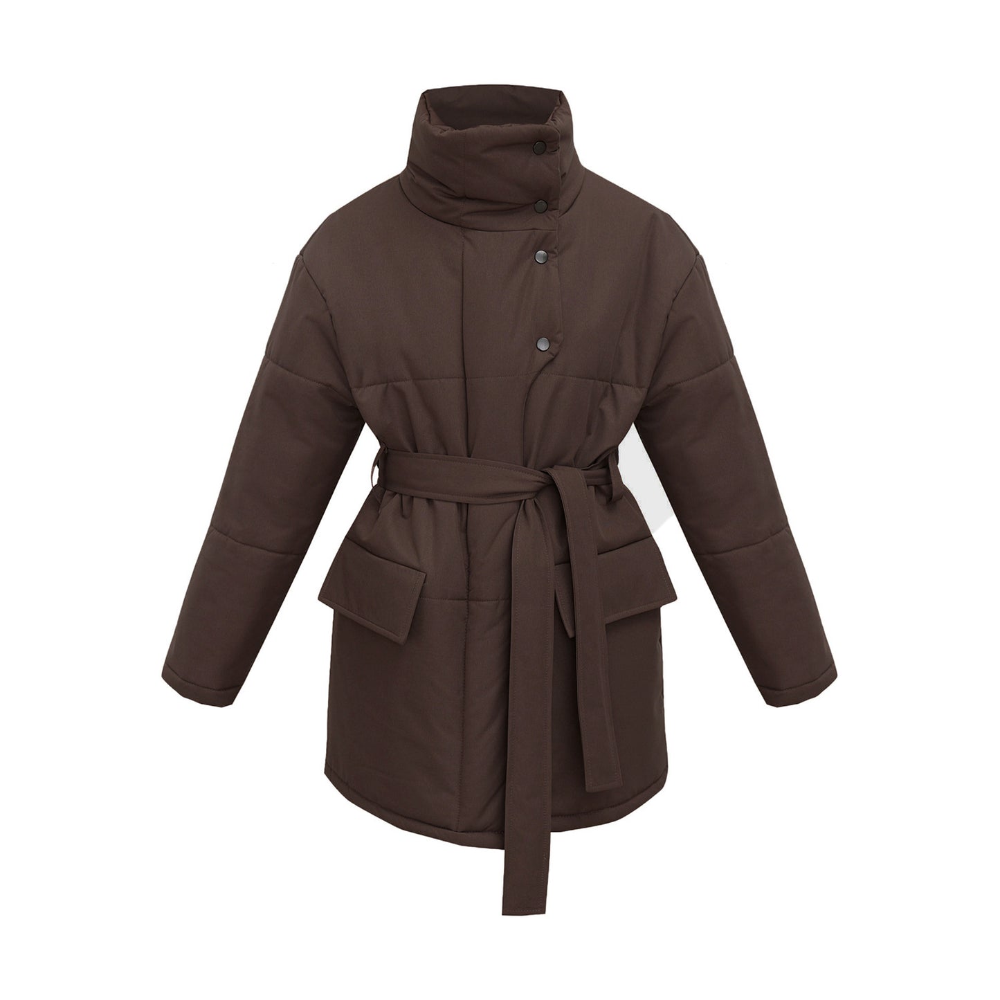 Stand-up collar cotton jacket European, American autumn and winter new temperament belt irregular medium and long cotton jackets