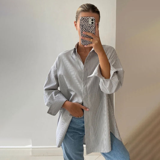Cross-border striped shirt European and American summer new simple high-end hidden button long-sleeved striped cardigan