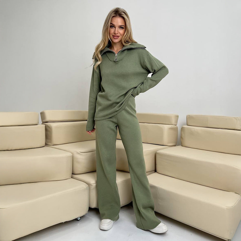 High-neck half-zipper long-sleeved wide-leg trousers suit, European, American autumn and winter new knitted casual suits for women