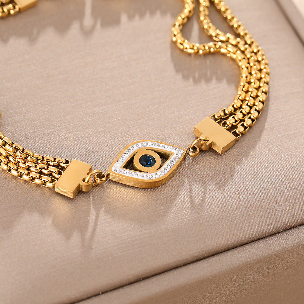 European and American temperament three-layer chain bracelet geometric eye pattern diamond-encrusted wide bracelet titanium steel color-retaining electroplating jewelry