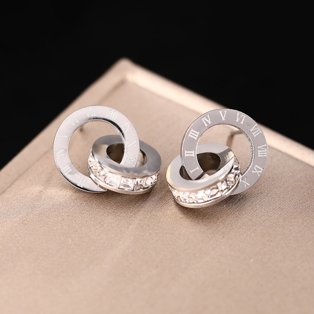 European and American cross-border Internet celebrities personalized titanium steel stud earrings female ins creative diamond double ring Roman digital earrings ear jewelry