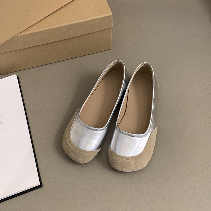 Floating mica ballet  soft leather flat-soled ballet shoes Mary Jane spring and autumn contrasting color design single beanie shoes women