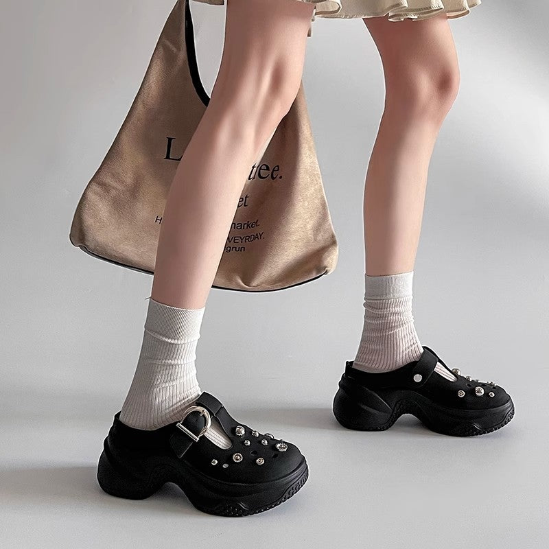 Casual hole shoes  summer and spring new European niche rhinestone thick sole heightening simple fashion bag head sandals slippers