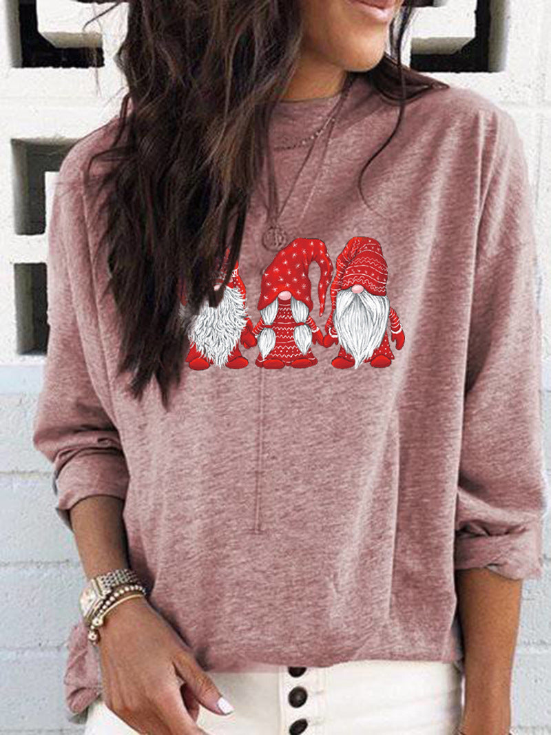 New Santa Claus Holiday Printed Crew Neck Long Sleeve T-Shirt Casual Bottom Top Women