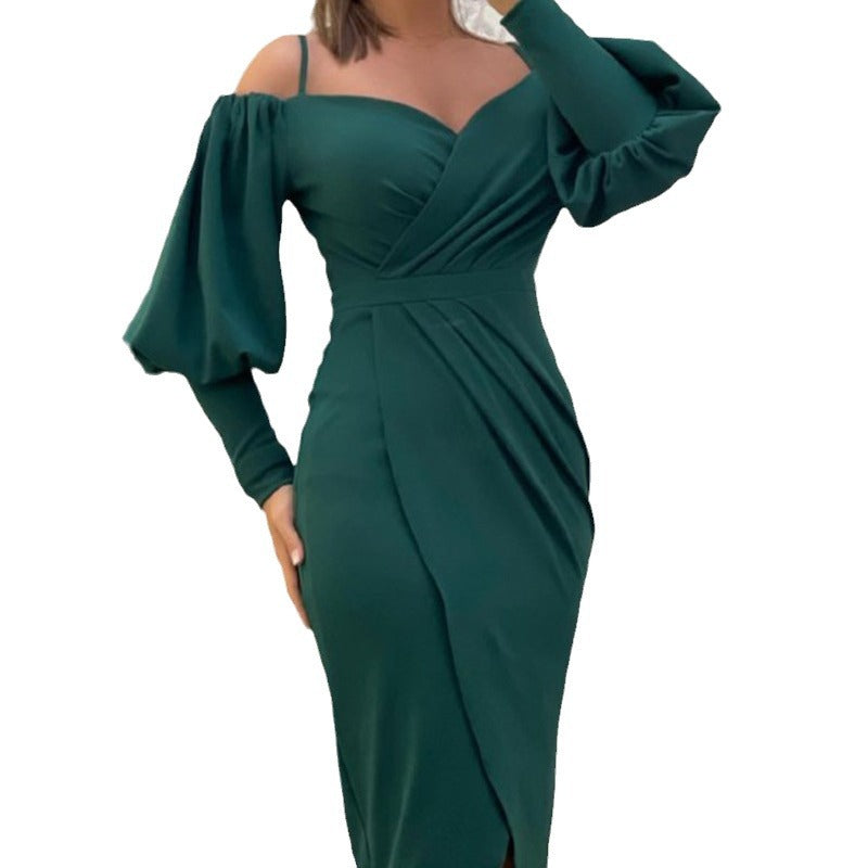 European and American cross-border new suspender one-word neck lantern long-sleeved waist pleated dress