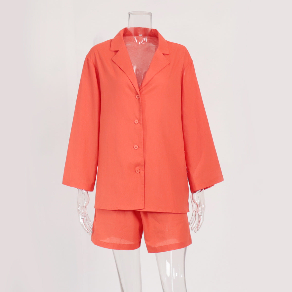 Pure cotton shorts set for women's European and American summer lapel loose single-breasted shirt + high-waisted straight-leg pants two-piece set   suits