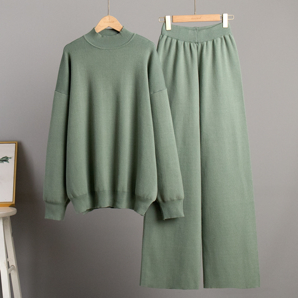 Solid color knitted turtleneck slit sweater set women's clothing European, American autumn and winter fashion casual lazy sweater set  suits