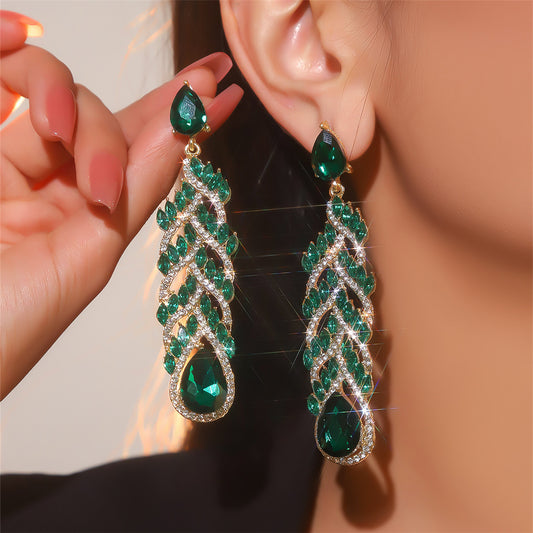 Europe, America, fashion glass rhinestone long earrings women, exaggerated crystal gemstone stud earrings earrings