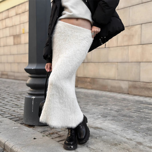 Knitted Mao Mao skirt European, American autumn and winter new long skirt Ins warm skirt women  dress