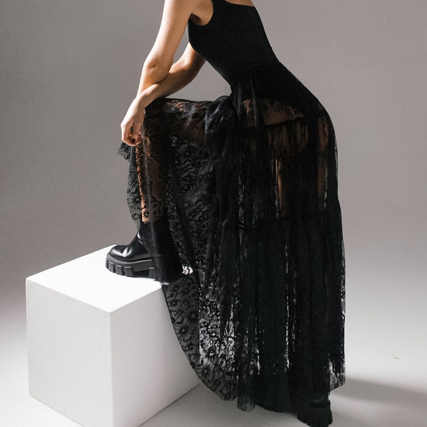 Black lace long skirt European and American summer new sexy perspective niche temperament skirt  dress