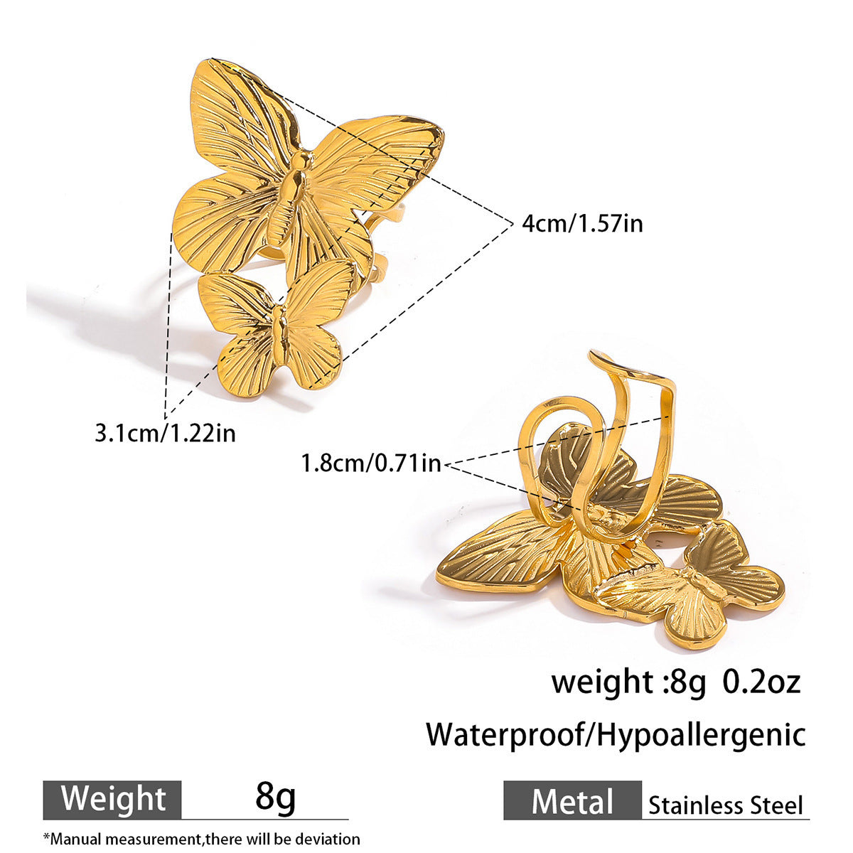 Malt European and American stainless steel titanium steel butterfly open rings ring ring earrings earrings light luxury high-end set jewelry