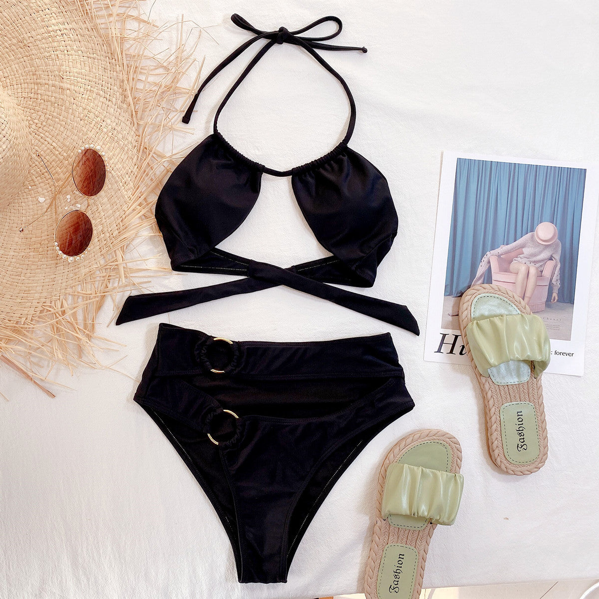 Europe and America Solid Color Sexy Hollow Bikini Women's Split Swimsuits