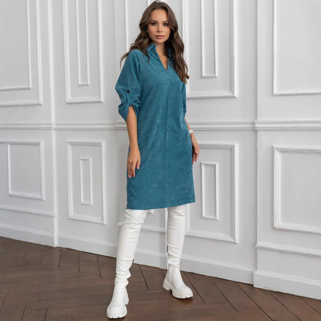 Corduroy medium and long dress, European and American spring and summer temperament commuting loose lapel cufflink dress