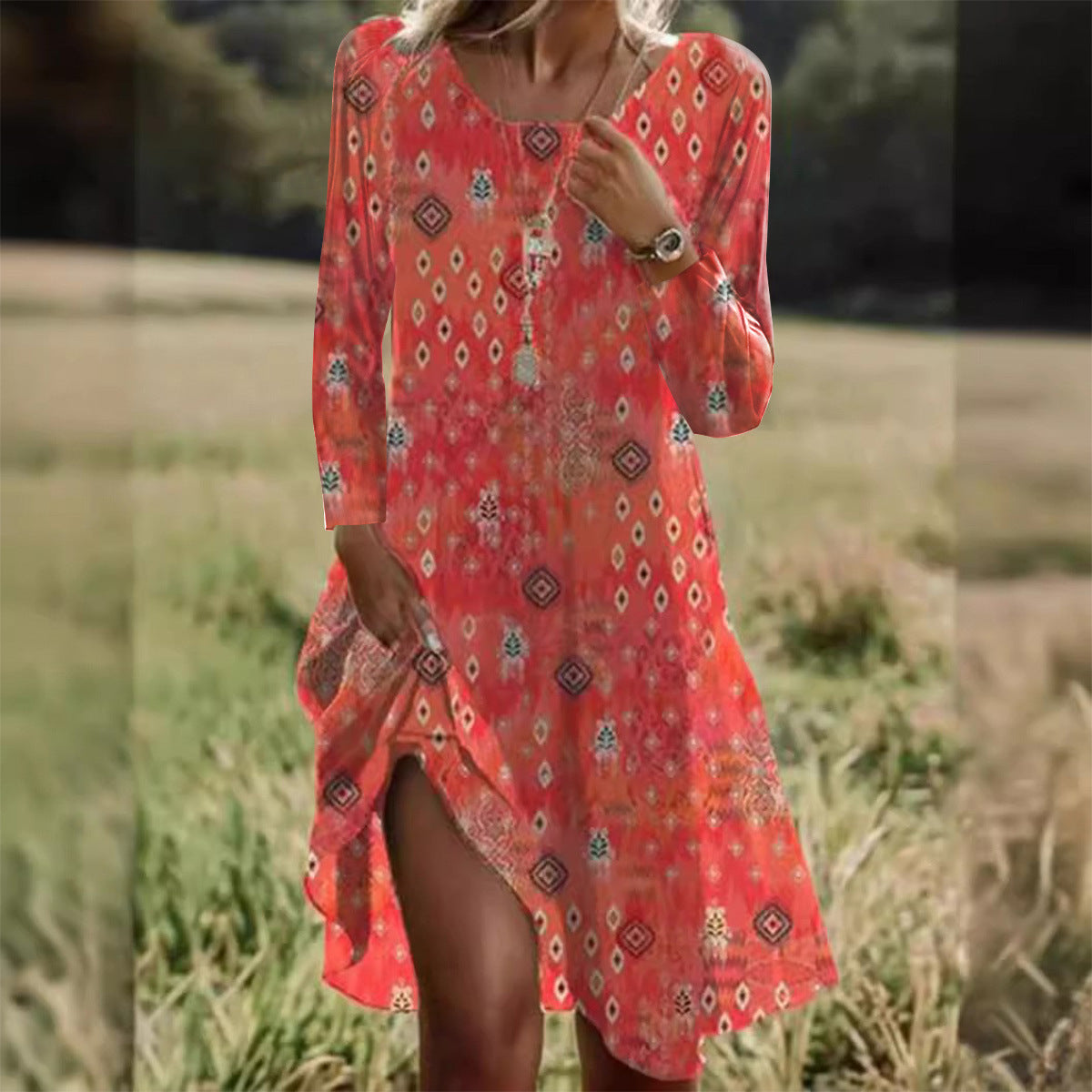 European and American Women's Printed Crew Neck Bohemian Long Sleeve Dress