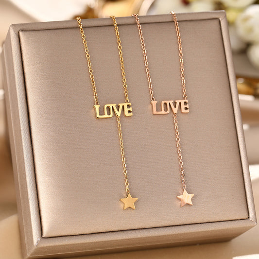 European and American cross-border titanium steel necklace female love letter fringed star Valentine's Day ins wind collarbone chain personalized jewelry