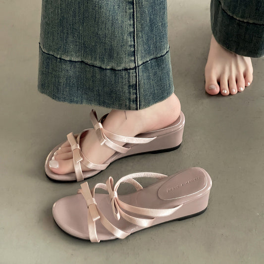 Fashion tribe fairy style bow thick bottom heightening slippers women's outer wear new summer open-toed sandals