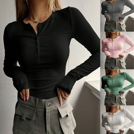 Autumn and winter women's new button ribbed slim knitted fir  T-shirts