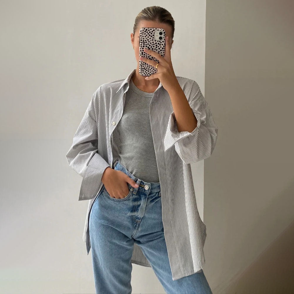 Cross-border striped shirt European and American summer new simple high-end hidden button long-sleeved striped cardigan