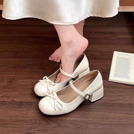 Retro casual high heels summer new fashion fairy leather shoes bow Mary Jane shoes French women's single shoes beanie shoes