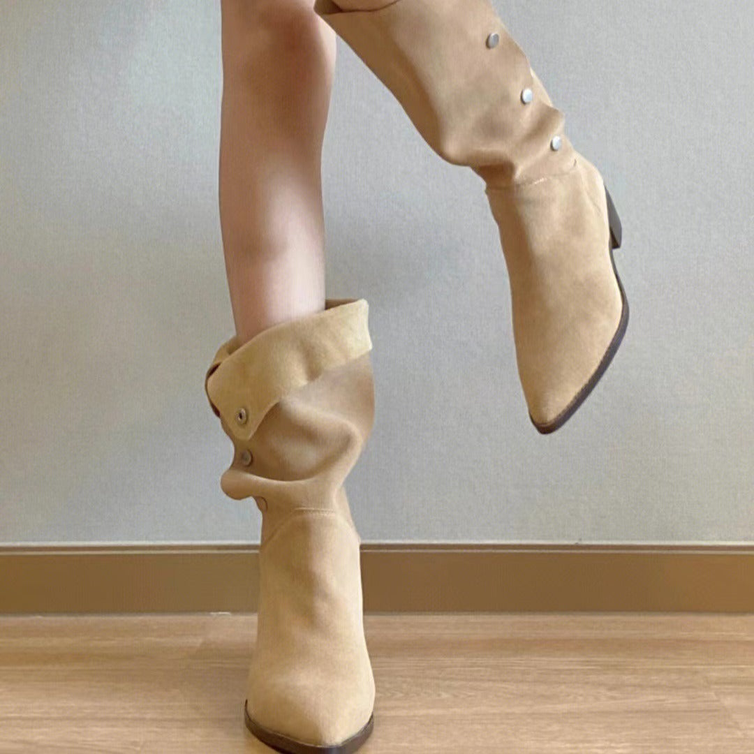 Retro temperament matte pile boots women's new one shoe two wear thick heel pleated boots pointed button medium boots
