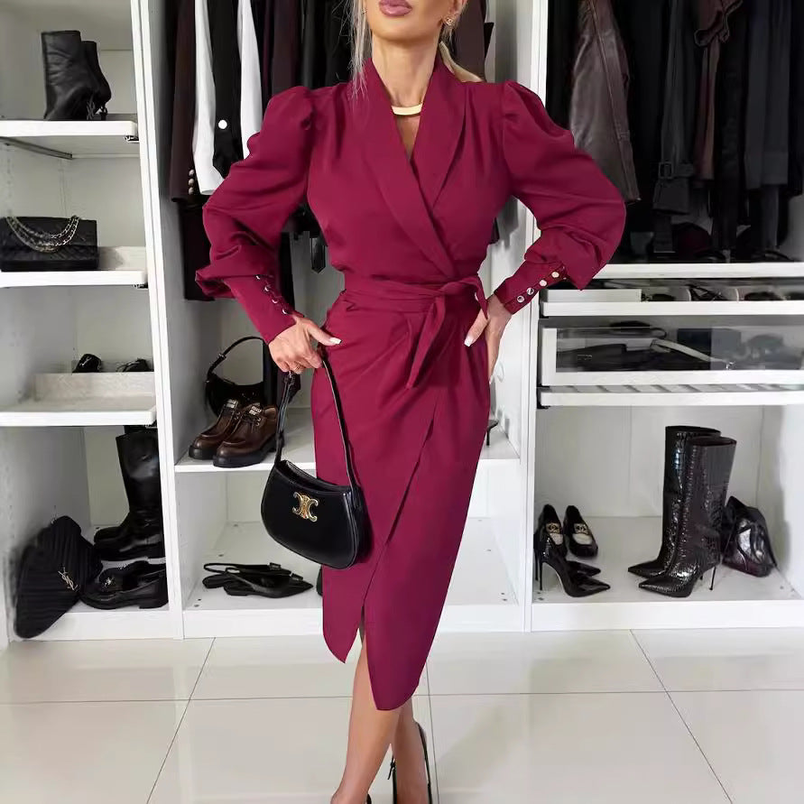 European and American cross-border independent station foreign trade new green fruit collar long-sleeved cardigan strap casual dress women