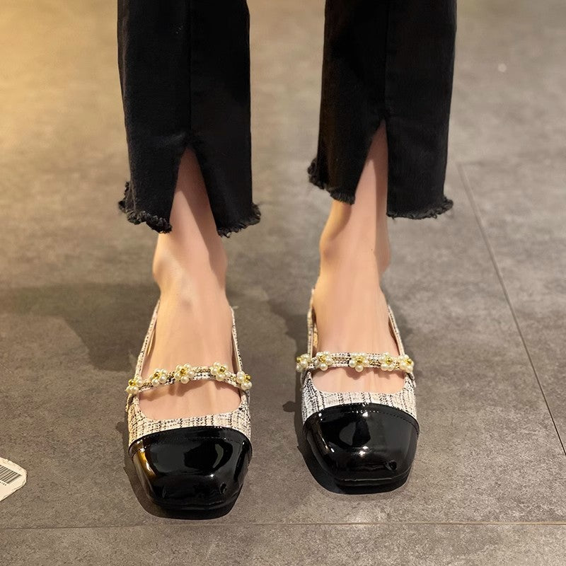 With skirt Mary Jane single shoes summer French small heel versatile pearl bag head sandals female new fairy style  beanie shoes