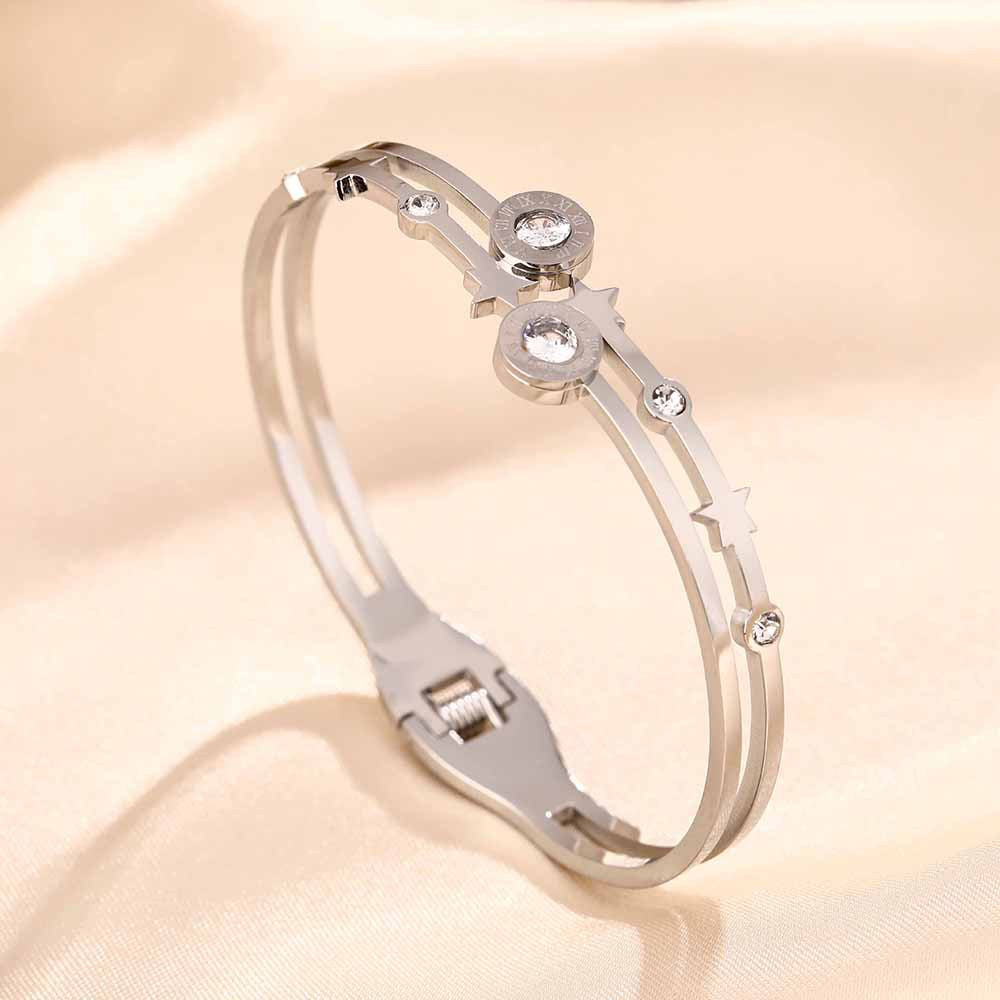 Cross-border new titanium steel bracelet female Roman double ring double diamond zircon high sense Internet celebrity bracelet creative fashion jewelry