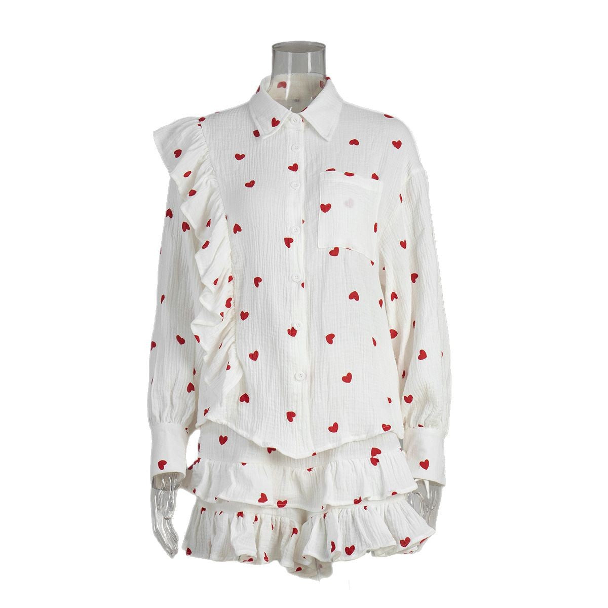 Cross-border cotton printed shorts set, European and American spring and summer ruffle edge long-sleeved shirt + shorts casual set  suits