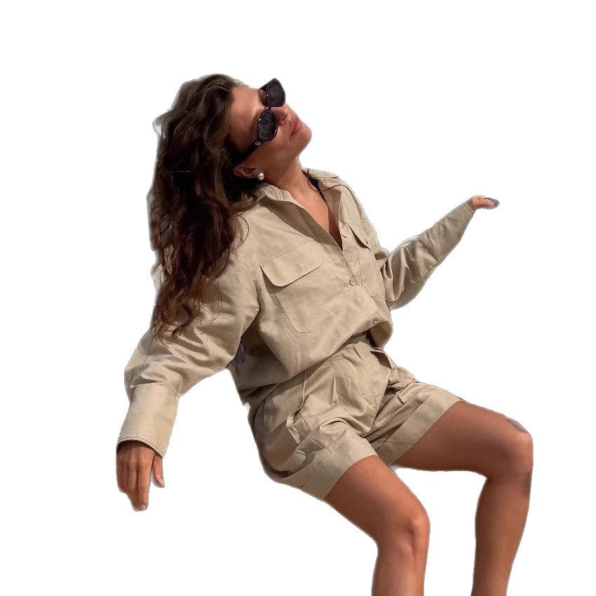 Cross-border pure cotton long-sleeved shirt shorts set women's European, American and summer new loose and breathable fashion casual suits