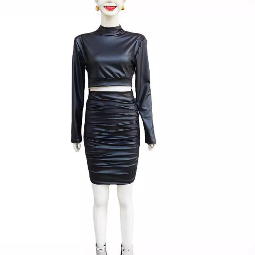 Cross-border independent station wish fashion stand-up collar long-sleeved pleated two-piece suits slim dress women