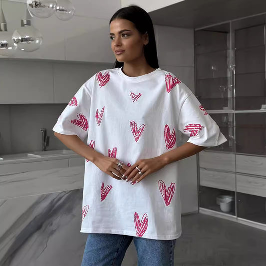 Love printed T-shirts European and American summer new street trend hand-painted love printed short-sleeved T-shirt