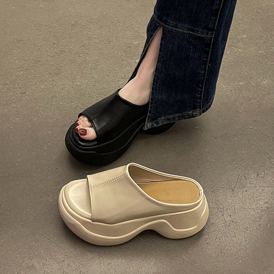 Internet celebrity explosion round head high heel one-word drag women wear  summer new heightening non-slip super soft cool slippers