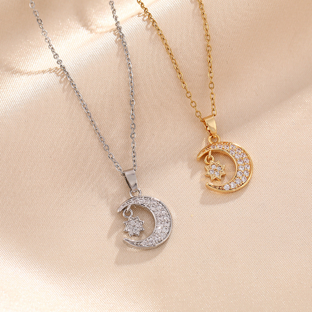 Titanium steel necklace female personality trend slightly inlaid zircon geometric stars moon collarbone neck chain jewelry
