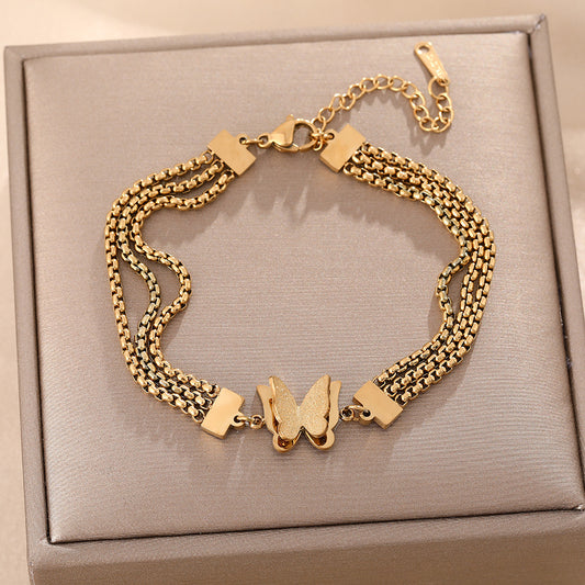 Internet celebrities with the same fashion three-layer wide titanium steel bracelet women's high-end matte butterfly furnace color-preserving electroplating jewelry
