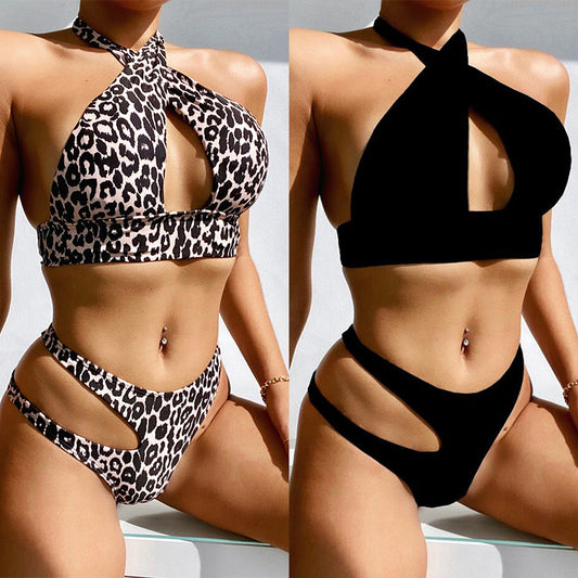 Foreign order  European foreign trade explosion women's split swimsuits sexy leopard print print hollow bandage bikini