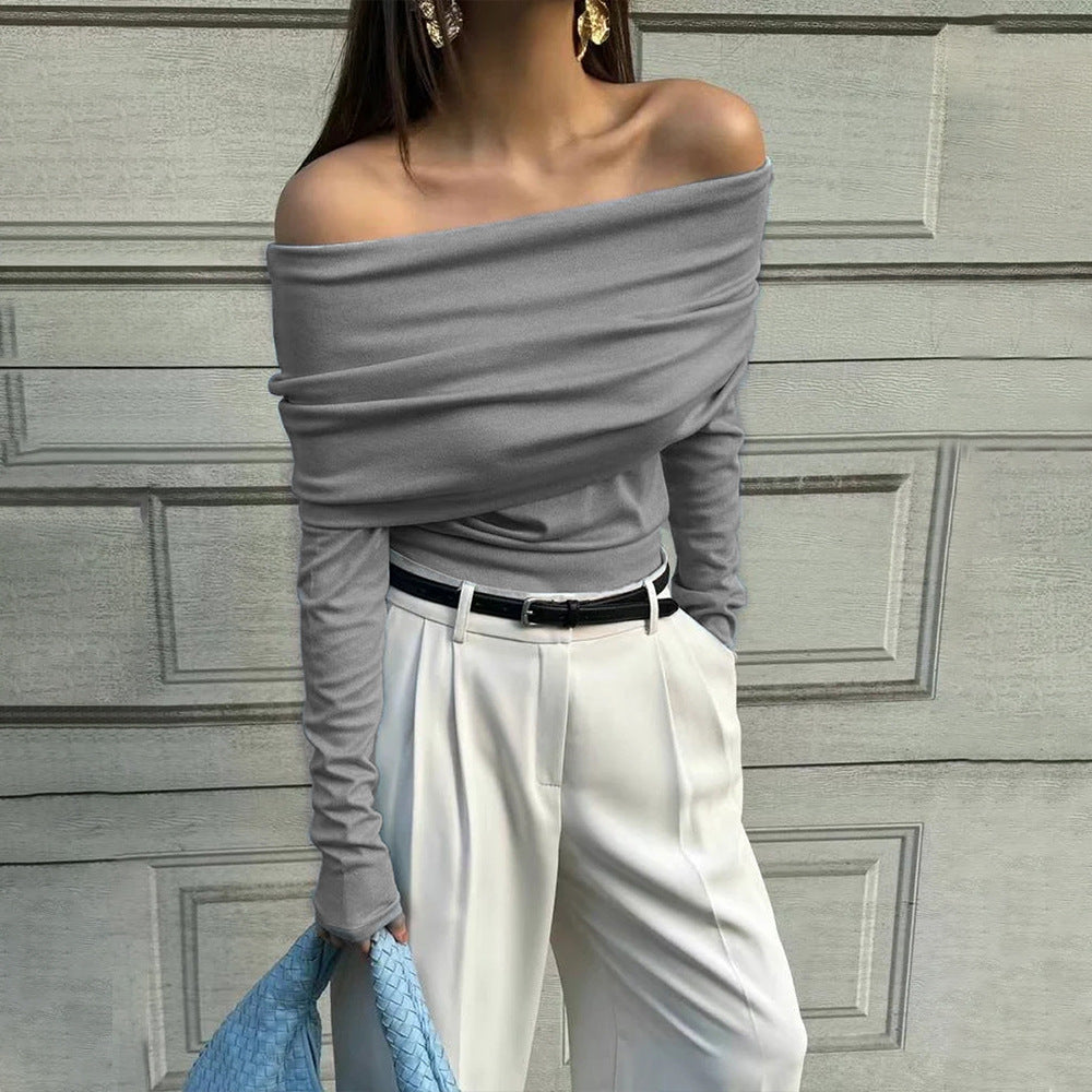 Cross-border new European and American style one-word shoulder temperament open shoulder design sense slim and thin chest-wrapped knitted sweater women