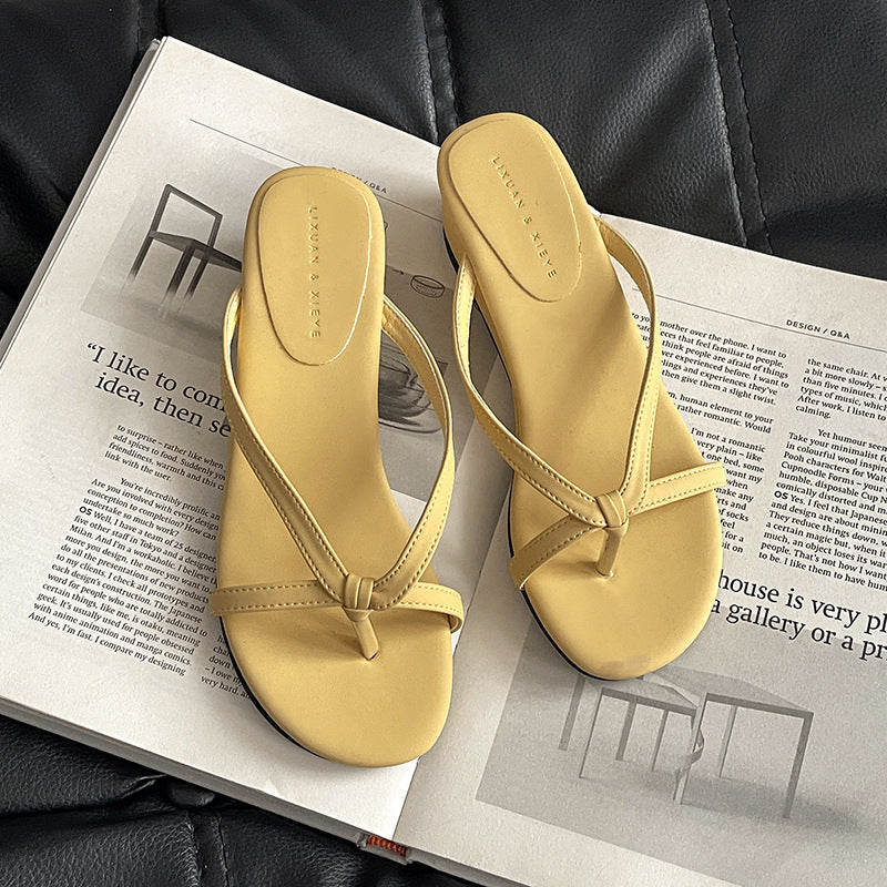 Thick-bottomed small flip-flops summer  French gentle temperament fairy suede toe slope heel cool slippers