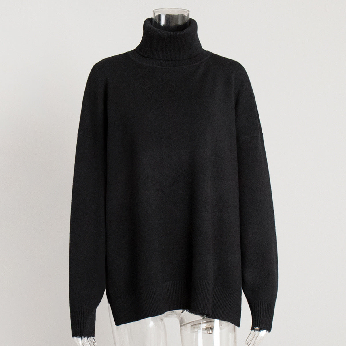 Cross-border turtleneck sweater women's autumn and winter new casual sweater European and American style split fork loose solid color knitted sweater
