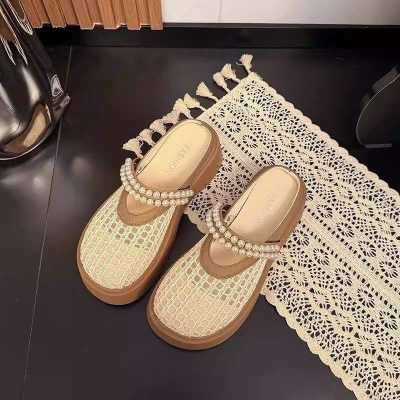 Mesh slippers summer retro woven outer wear pearl breathable hollow Ou Ruofeng Mary Jane girls bag head slippers