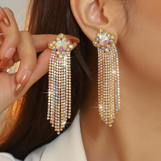 DINGKA high-end shiny long fringed earrings, micro-inlaid zircon earrings, copper earrings, TEMU Xiyin Source