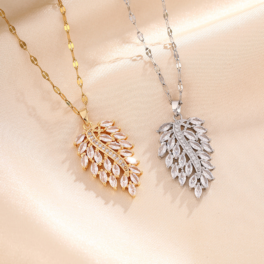 Titanium Steel Necklace Female Leaf Copper Inlaid Zircon Pendant Feather Leaf Clavicle Chain Love Wing Ornament