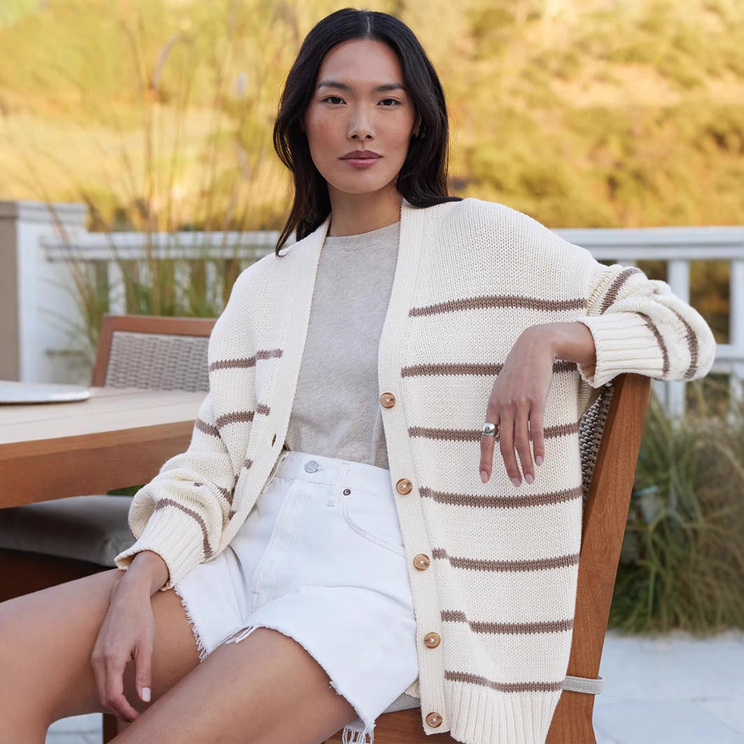 Striped knitted cardigan women's European, American autumn and winter new V-neck cardigan sweater pure cotton striped sweater women
