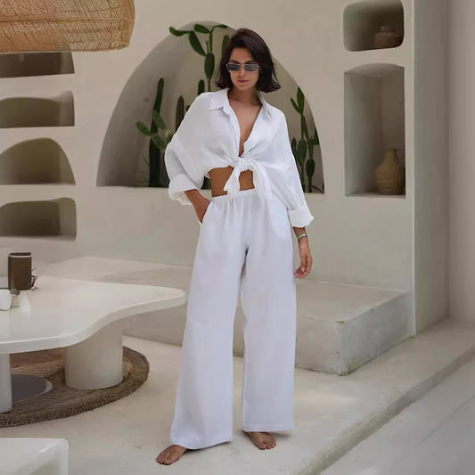 Long-sleeved casual suit, European and American spring and summer new women's loose casual cotton shirt + trousers suits