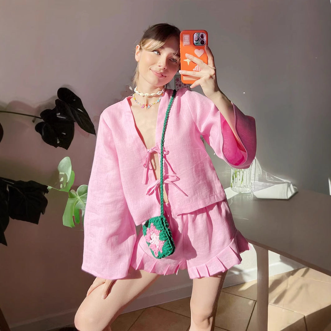 Cross-border pure cotton strap cardigan + shorts set European and American spring and summer new loose casual shorts set women  suits