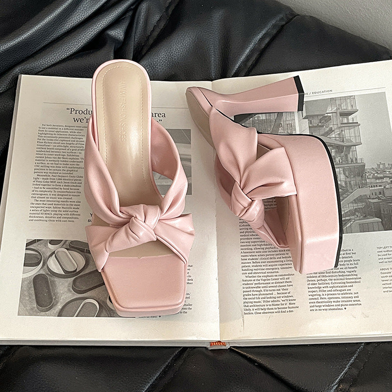 Fashion temperament bow women's thick heel one-word slippers summer French retro height-increasing and thin high-heeled cool slippers