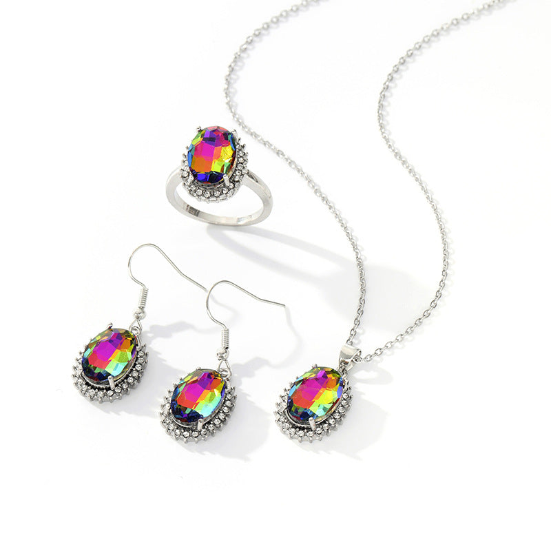 Dragon and explosive oval imitation zircon set super flash ring earrings necklace jewelry set wholesale