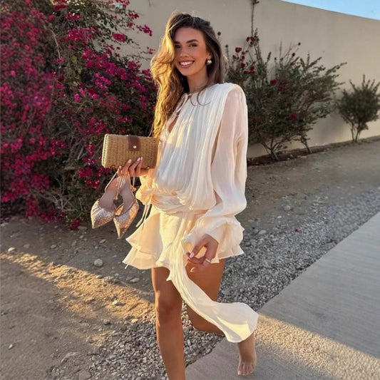 Chiffon long-sleeved dress European and American summer new lantern sleeve lace-up short skirt ruffle leaf edge dress